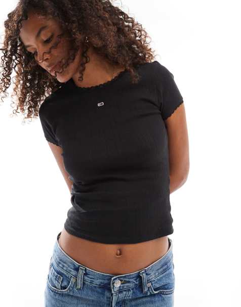 Tommy Jeans - Sort T-shirt i ribbet pointelle-strik - view 1