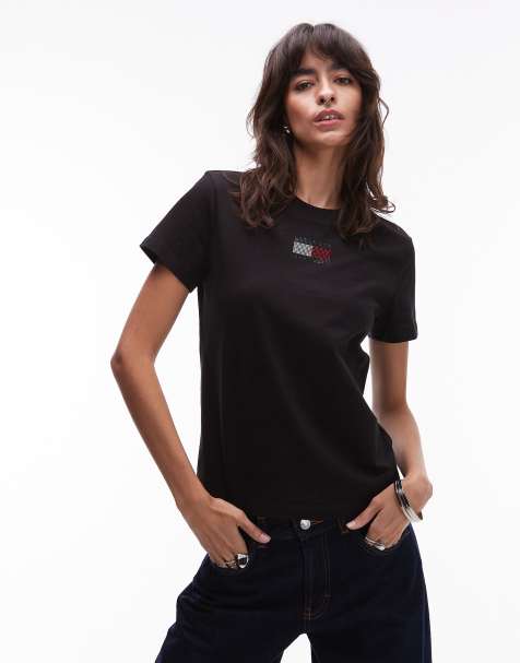 Tommy Jeans - Sort T-shirt med flaglogo med rhinsten - view 1