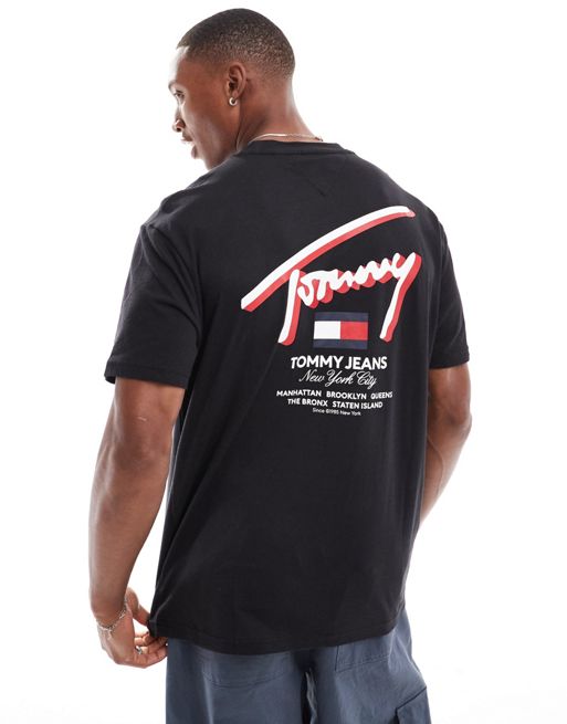Tommy Jeans - Sort t-shirt med vej- og signaturprint i 3D-stil i Regular Fit
