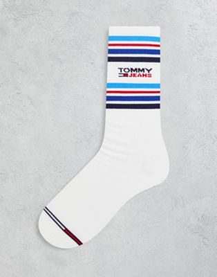 Tommy Jeans sport cotton blend socks with logo in white with stripe - WHITE