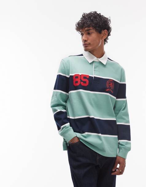 Tommy Jeans – Sportliches, gestreiftes Rugby-Oberteil in Marineblau und Minzgrün - view 1