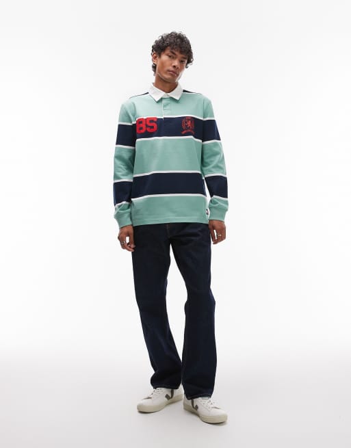 Tommy Jeans sporty rugby top in navy and mint stripe, 2 of 4