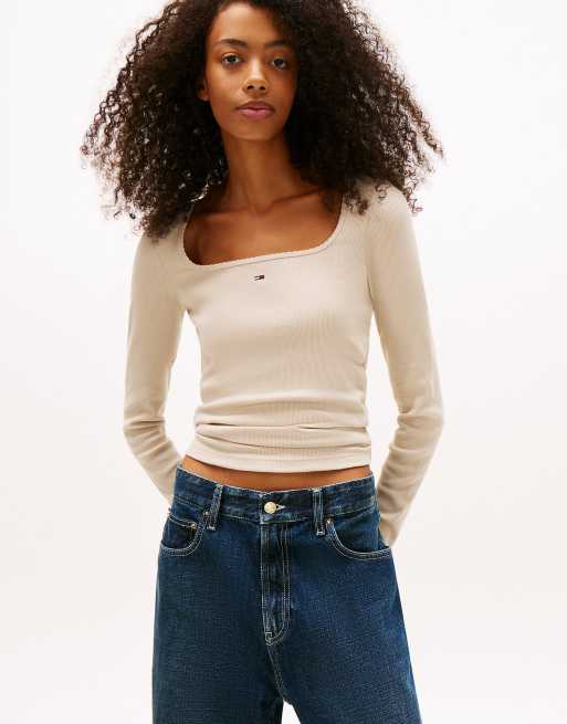 Tommy Jeans Square neck slim long sleeve t-shirt in beige