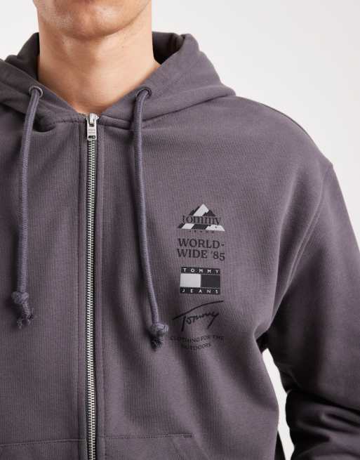Tommy Jeans stacked graphic logo zip up hoodie in washed black , 5 of 5