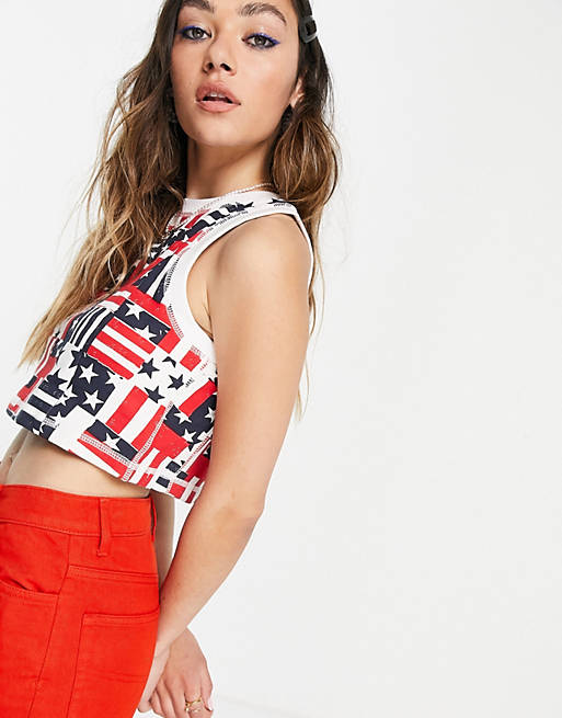 Tommy Jeans stars and stripes cropped vest in navy and red print
