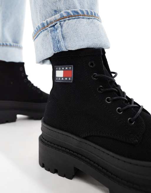 Tommy Jeans - Stivali con plateau in tela neri con logo, 2 di 4