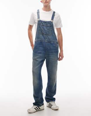 Tommy Jeans Tommy Jeans stonewash denim dungarees in mid blue
