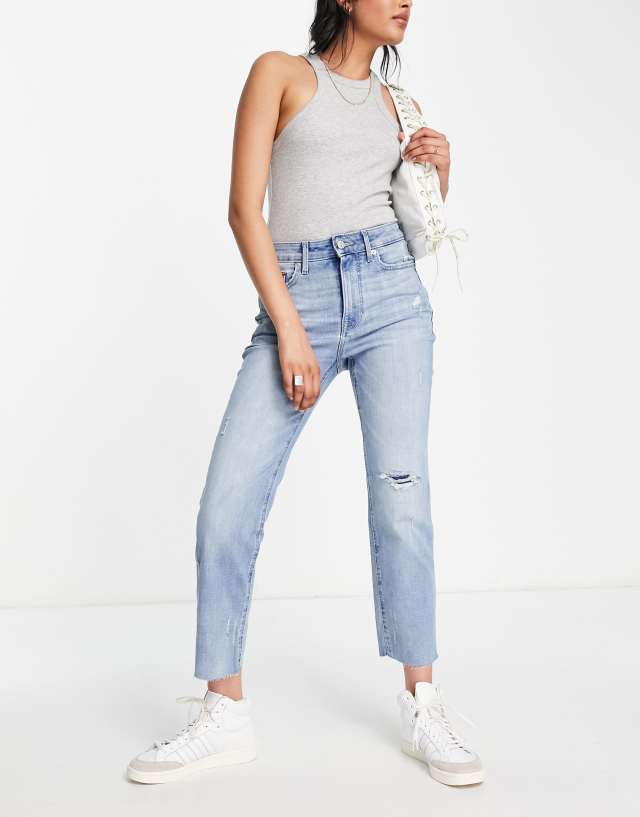 Tommy Jeans straight crop logo jeans in mid wash