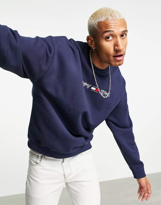 Tommy Jeans straight script embroid logo crewneck sweatshirt in navy | ASOS