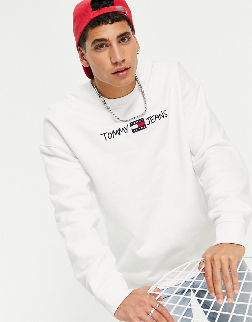 Tommy Jeans straight script embroidered logo crew neck sweatshirt in white