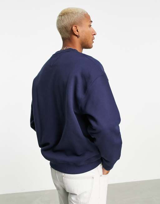 Tommy Jeans straight script embroidered logo crewneck sweatshirt in navy, 2 of 4