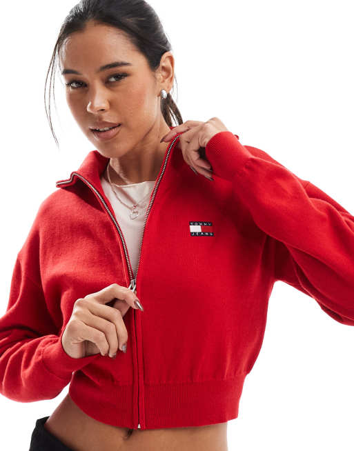 Tommy Jeans – Strickjacke in leuchtendem Rot mit lockerem Schnitt und durchgehendem Reißverschluss