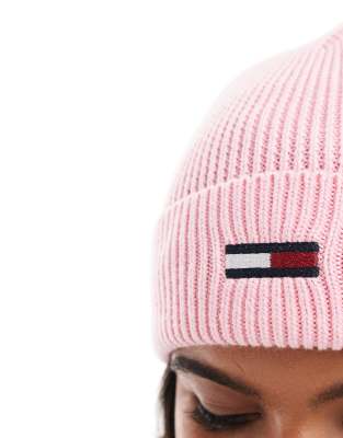 Tommy Jeans - Strickmütze in Rosa mit Flaggenlogo