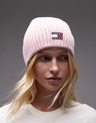 Tommy Jeans - Strickmütze in Rosa mit Flaggenlogo