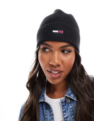 Tommy Jeans - Strickmütze in Schwarz mit Flaggenlogo