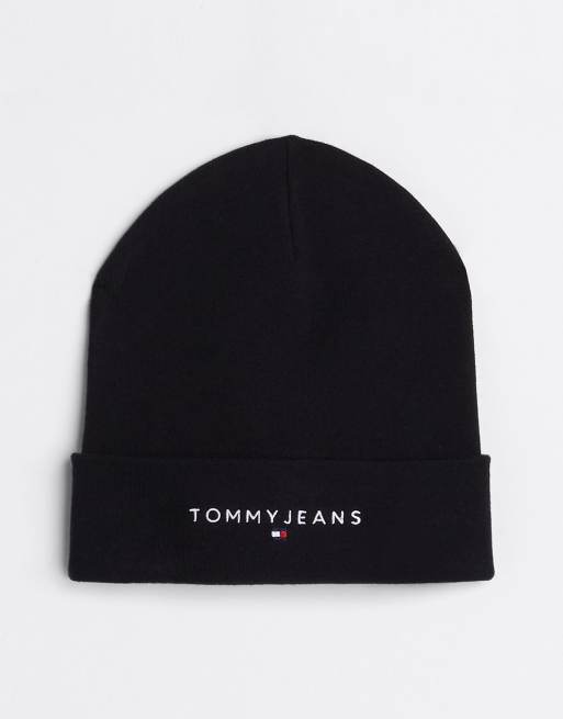 Tommy Jeans – Strickmütze in Schwarz mit Logo-Stickerei
