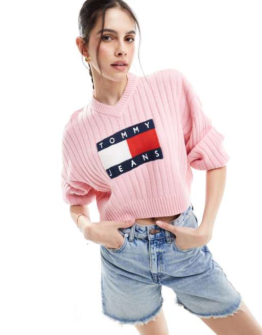 Tommy Jeans – Strickpullover in Rosa mit Flaggenlogo