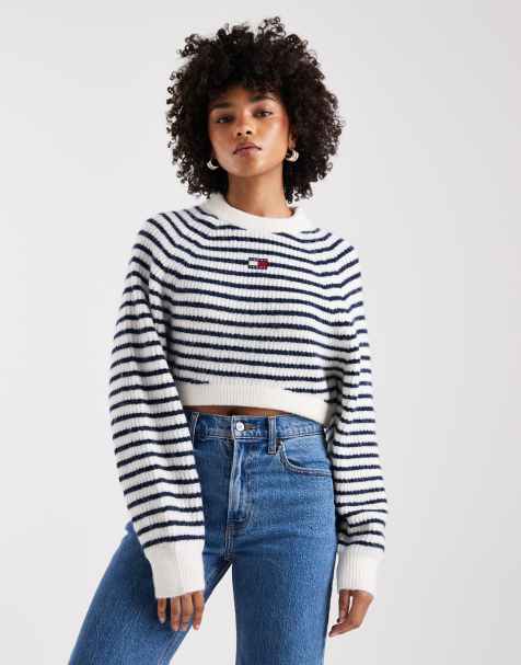 Tommy Jeans - Strikket cropped trøje med hvide/blå striber - view 1