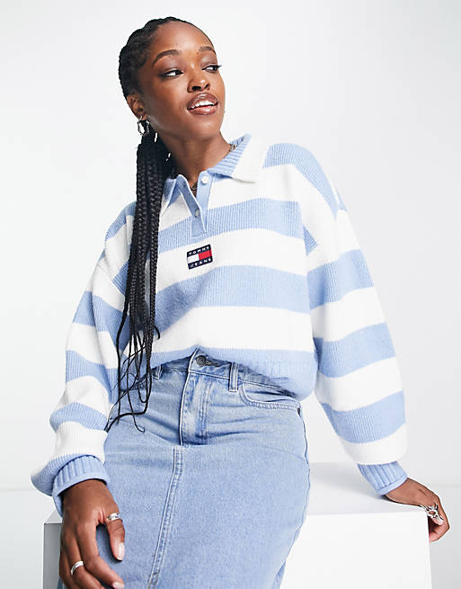 Tommy Jeans stripe knitted jumper in blue | ASOS