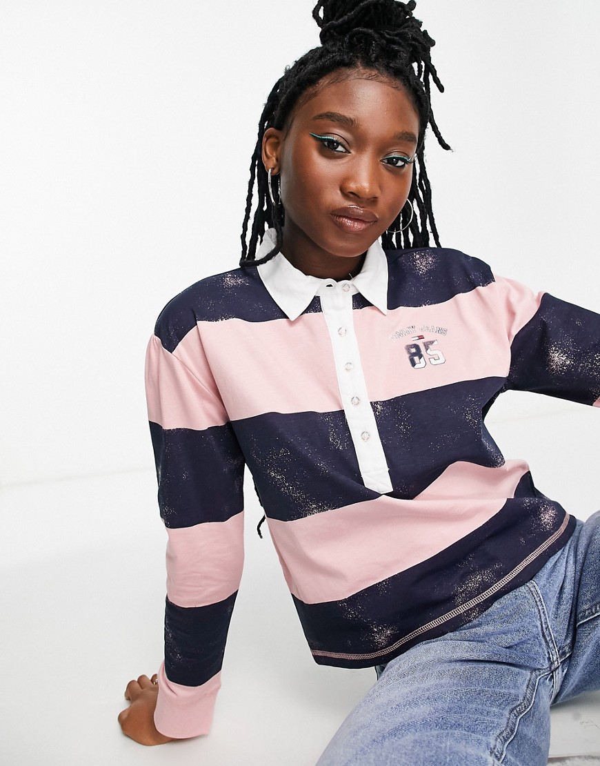 Tommy Jeans stripe long sleeve rugby top-Pink