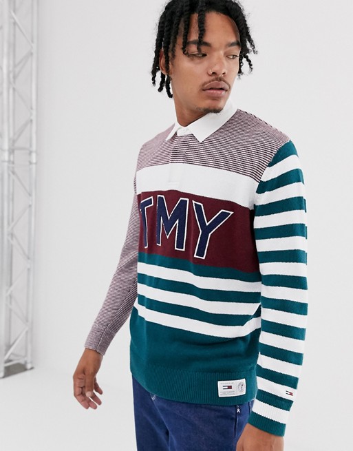 Tommy Jeans stripe rugby jumper in burgundy with large chest logo