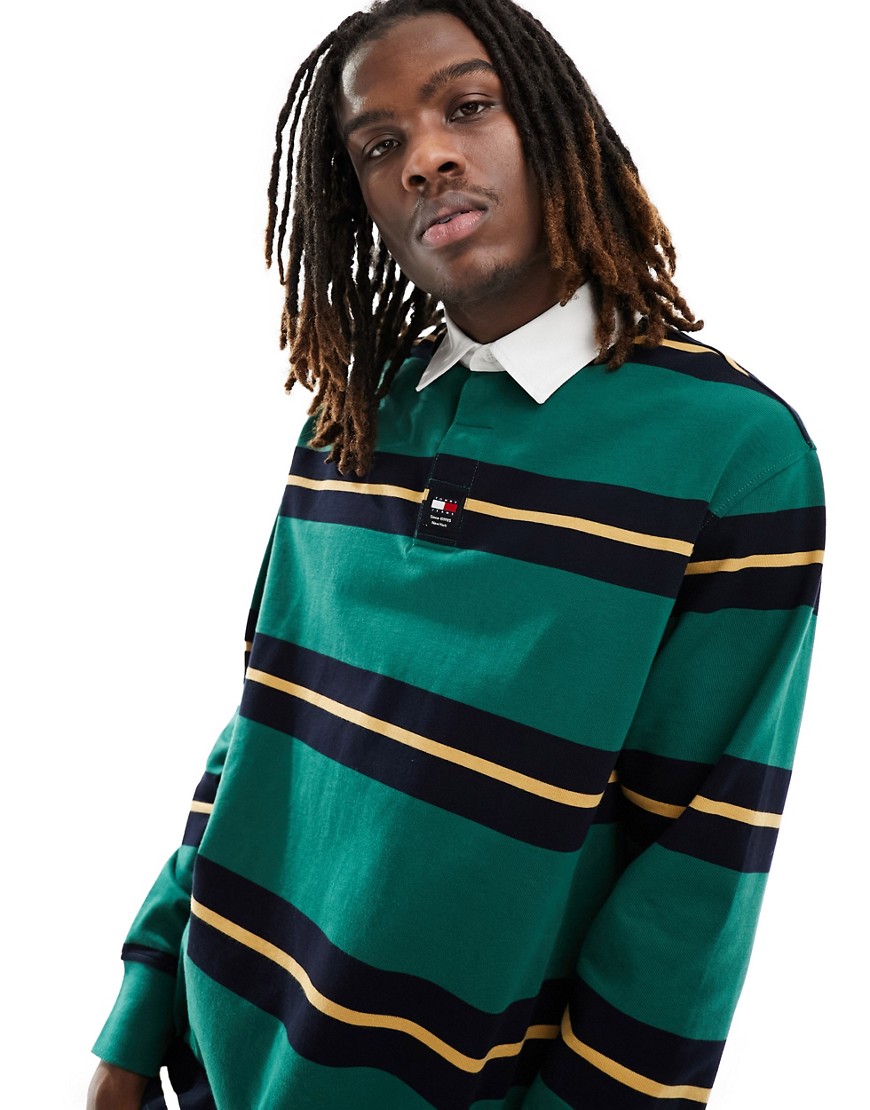 Tommy Jeans stripe rugby shirt in green