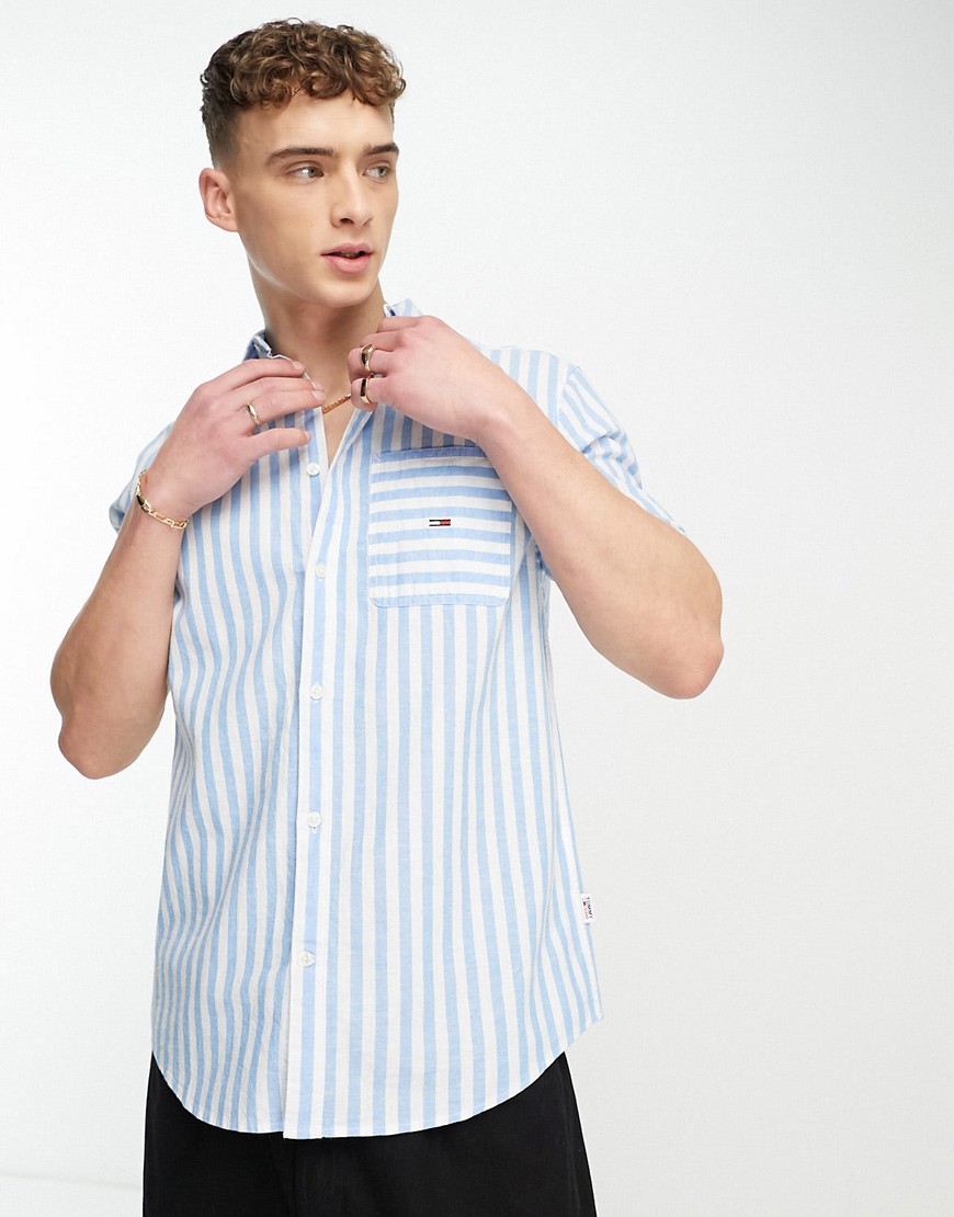 Tommy Jeans stripe short sleeve linen shirt classic fit in blue