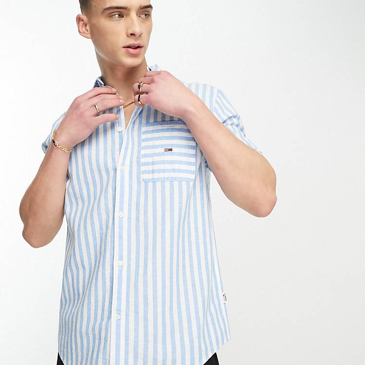 Tommy Jeans stripe short sleeve linen shirt classic fit in blue |  CamaragrancanariaShops | νέο ανδρικό μπουφάν cargo της Tommy Jeans