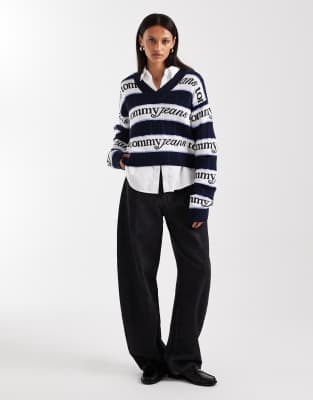 Tommy Jeans Striped Logo V-neck Sweater In Blue