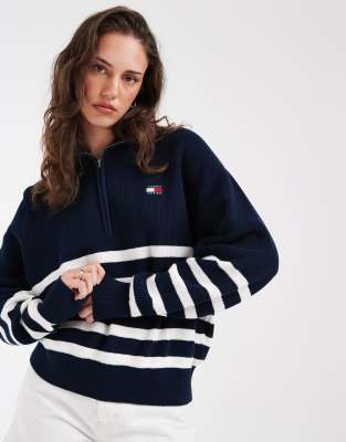 Tommy Jeans Striped Quarter Zip Sweater In Blue