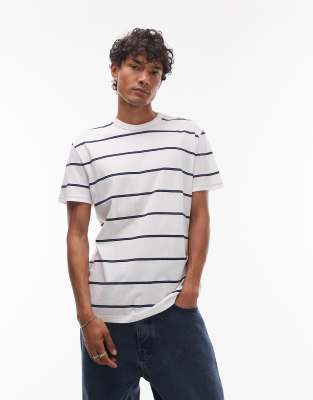 Strukturiertes, gestreiftes T-Shirt in Weiß und Marineblau Weiß 48