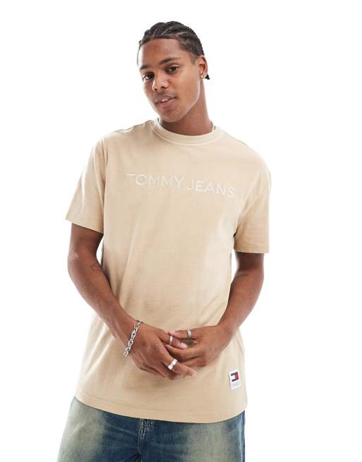 Tommy Jeans – Stückgefärbtes T-Shirt in Beige mit Logostickerei