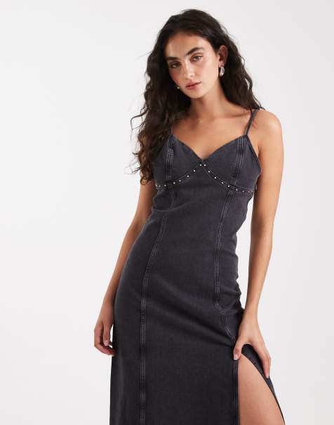 knee length dresses for ladies Washed Black Collared Zip Through Midi Denim Dress Scamp & Dude