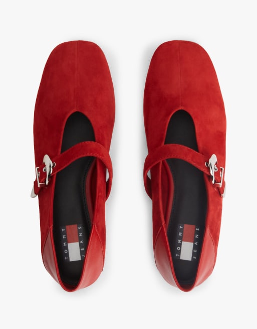 Tommy Jeans Suede buckle square toe ballerinas in red, 3 of 7