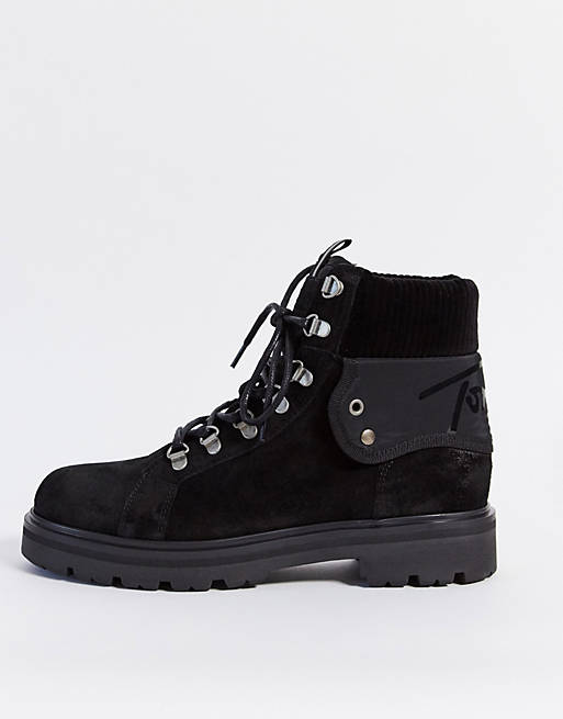 Tommy Jeans suede lace up boots with reflective padding in black | ASOS