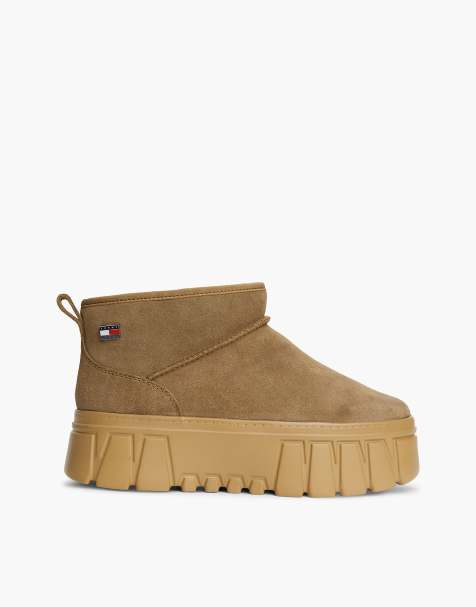 Tommy Jeans Suede warm lined platform ankle boots in warm khaki - view 1