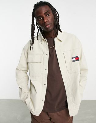 Tommy Jeans cotton flag logo workwear overshirt in beige - BEIGE - ASOS Price Checker