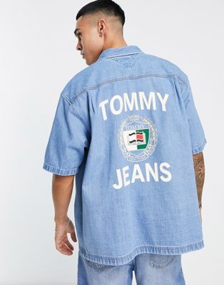 Tommy Jeans luxe logo denim overshirt in light wash blue - ASOS Price Checker
