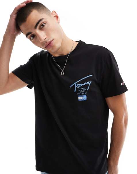 Tommy Jeans – Svart, blå t-shirt i regular fit med signaturtryck baktill - view 1