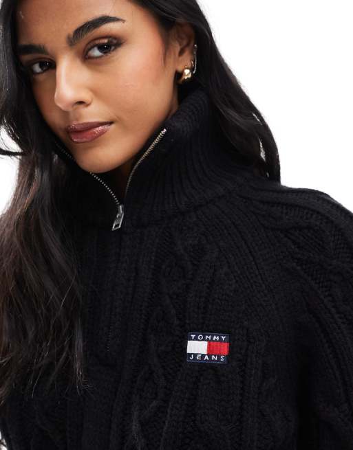 Tommy Jeans – Svart, kabelstickad tröja med 1/4-lång dragkedja, 3 av 4
