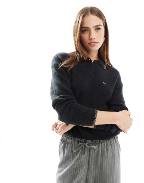 Tommy Jeans – Svart pikétröja med glittriga detaljer - view 1