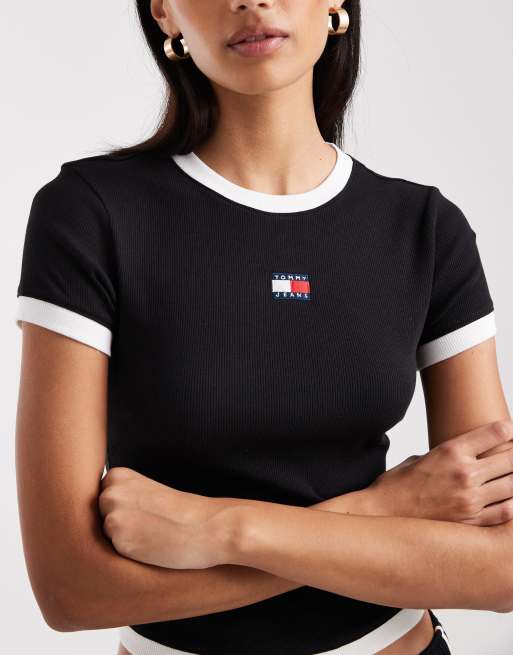 Tommy Jeans – Svart, ribbad t-shirt med smal passform och kantrand, 2 av 4