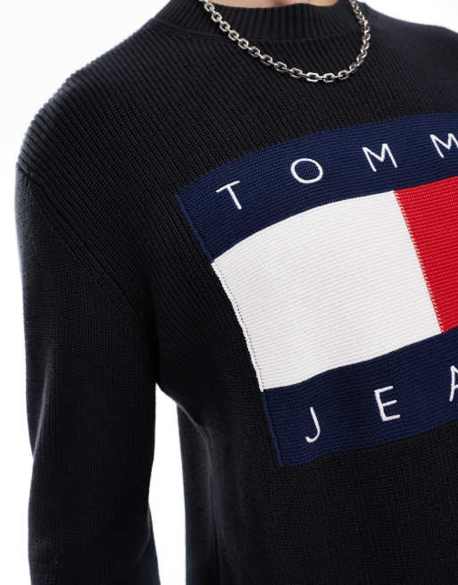 Tommy Jeans – Svart, stickad tröja i unisex-modell med stor flagglogga, 3 av 4