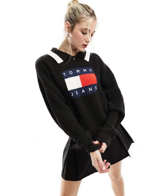 Tommy Jeans – Svart sweatshirt med flagglogga och krage, 2 av 4