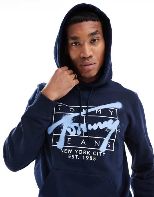 Tommy Jeans - Sweat à capuche avec logo emblématique effet graffiti - Bleu