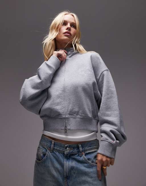 Tommy Jeans - Sweat à capuche court coupe carrée style universitaire à fermeture éclair - Gris clair
