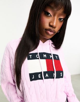 Tommy Jeans center flag logo cable knit hoodie in pink - ASOS Price Checker