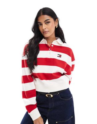 Tommy Jeans - Sweat coupe carrée à rayures style rugby - Rouge et blanc