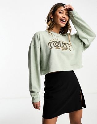 Tommy Jeans relaxed luxe varsity logo crewneck sweatshirt in grey - ASOS Price Checker