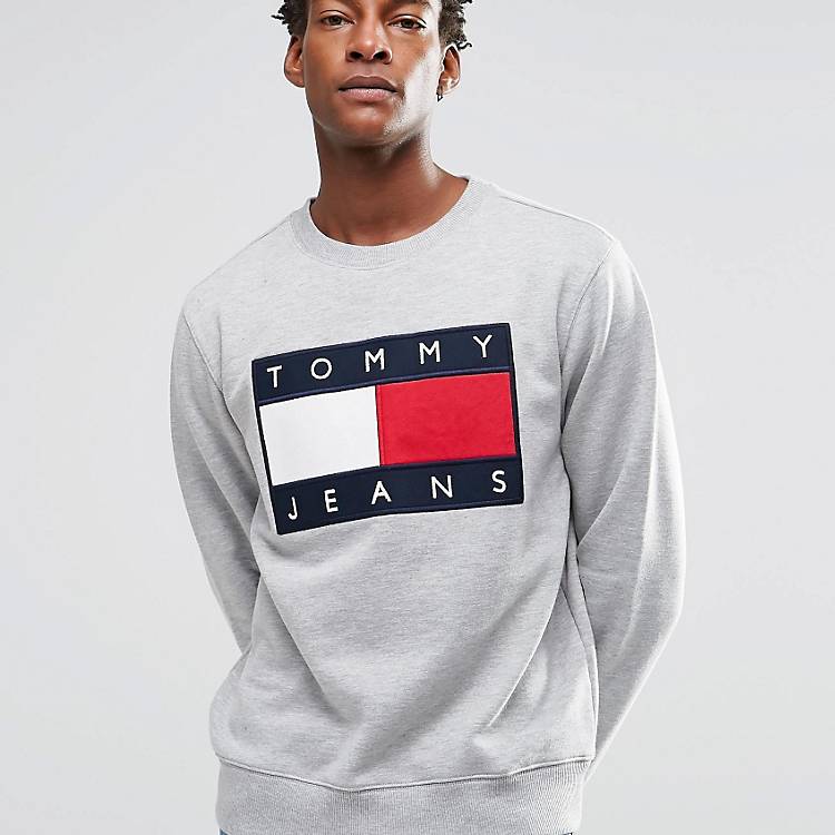 Tommy Jeans Sweatshirt with Tommy Flag Logo In Gray | ASOS